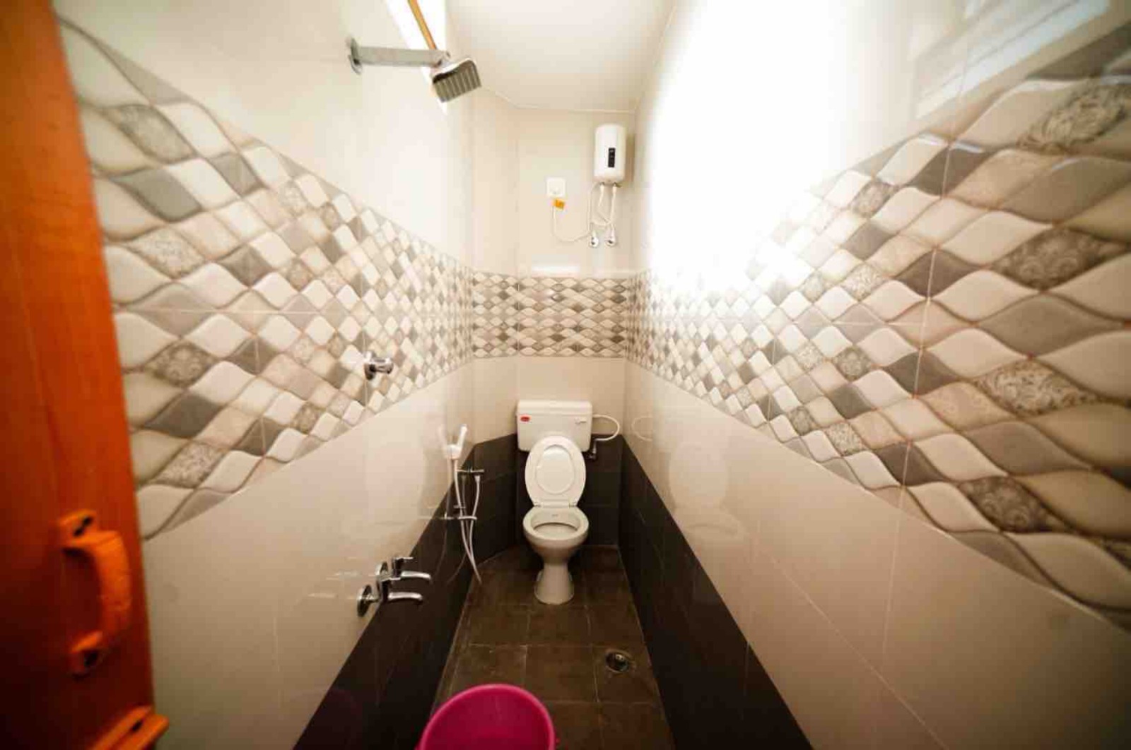Tiled shower and washroom fixtures